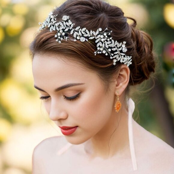 Crystal Hair Vine Bride Wedding Silver Pearl Bridal Headpiece Rhinestone Leaf Ha - Picture 2 of 7